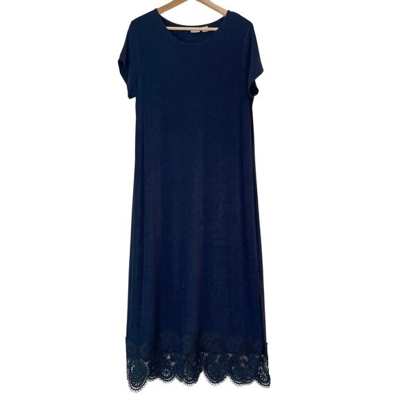 Chicos Travelers Midi Dress 2 Large Slinky Stretch Knit Lace Trim Navy Cruise - Picture 2 of 12